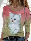 themeisles White Cat Print Pattern Round Neck Long Sleeve T-shirt Tops Green Gray Red Blue Pink