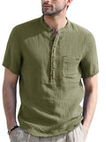 themeisles Stand Collar Short-sleeved Linen Shirt Sleeve Breathable Casual Linen Soft Slim Fit Men
