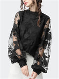 themeisles New Women's Lace Bubble Sleeve Transparent Round Neck Embroidered Solid Color One Button Long Sleeve Sexy Blouse Slim Type Blouse