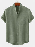themeisles Summer New Machine-washable Men's Stand-up Collar Hot Short-sleeved Solid-color Cotton Linen Pocket Decorative Men's Shirt