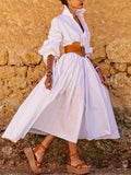 themeisles Long Sleeves Loose Buttoned Solid Color Lapel Collar Midi Shirt Dresses