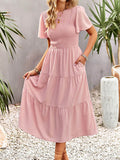 themeisles Solid Color Elastics Short Sleeves Loose Round-neck Midi Dresses