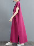 themeisles Simple Ramie Cotton Solid Color Split-Side With Pocket V-Neck Short Sleeves Maxi Dress