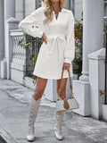 themeisles Tied Waist Solid Color Jacquard Long Sleeves V-neck Mini Dresses