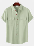 themeisles Summer New Men's Linen Short-sleeved Shirt Men's Square Collar Casual Cotton Linen Shirt Hemp Material Pure Color Half-sleeved Blouse