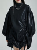 themeisles Solid Color Pleated Drawstring Puff Sleeves Loose Stand Collar Mini Dresses