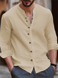 themeisles Autumn and Winter Solid Color New Slim Type Men's Retro Cotton and Linen Casual Loose Stand-up Collar Long-sleeved Shirt