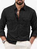 themeisles New Solid Color Men's Lapel Shirts with Multiple Pockets Casual Fashion Long-sleeved Tops for Men