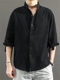 themeisles Summer New Men's Cotton Linen Medium-sleeved Shirt Casual Seven-minute Sleeve Men's Shirt Thin Section Loose Stand-up Collar Blouse