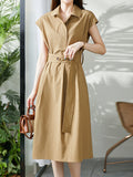themeisles Solid Color Bandage Short Sleeves Plus Size Lapel Midi Dresses