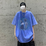 themeisles Summer New High Street Trend American Graffiti T-shirt Short Sleeve Men Loose Washed Cotton Oversized Tops Tshirt Male Y2k Tees