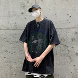 themeisles Summer New High Street Trend American Graffiti T-shirt Short Sleeve Men Loose Washed Cotton Oversized Tops Tshirt Male Y2k Tees