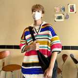 themeisles Summer Knitted Short Sleeve T-shirt Men Fashion Casual Stripe T Shirt Men Streetwear Hip Hop Loose Sweater Tshirt Mens Tops