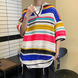 themeisles Summer Knitted Short Sleeve T-shirt Men Fashion Casual Stripe T Shirt Men Streetwear Hip Hop Loose Sweater Tshirt Mens Tops