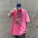 themeisles Summer New High Street Trend American Graffiti T-shirt Short Sleeve Men Loose Washed Cotton Oversized Tops Tshirt Male Y2k Tees