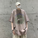 themeisles Summer New High Street Trend American Graffiti T-shirt Short Sleeve Men Loose Washed Cotton Oversized Tops Tshirt Male Y2k Tees