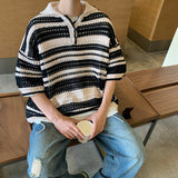themeisles Summer Knitted Short Sleeve T-shirt Men Fashion Casual Stripe T Shirt Men Streetwear Hip Hop Loose Sweater Tshirt Mens Tops