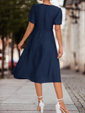 themeisles Split-Joint Solid Color Pleated Knot Elasticity Short Sleeves Puff Sleeves V-neck Midi Dresses