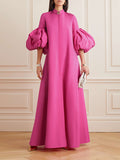 themeisles Loose Flower Shape Solid Color Stand Collar Lantern Sleeves Maxi Dresses