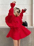 themeisles Solid Color Ruffled Layered Elasticity Buttoned Asymmetric Loose Long Sleeves Lapel Mini Dresses