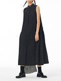 themeisles Solid Color Pleated Sleeveless Loose Stand Collar Shirt Dress Midi Dresses