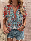themeisles Spring and Summer New Women's Loose Type V-neck Tops Printed Twist Buckle Fashion Short-sleeved Female Sweet and Fresh