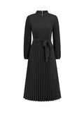 themeisles Tied Waist Solid Color Pleated Hollow Long Sleeves High Waisted Mock Neck Midi Dresses