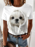 themeisles White Women's Round Neck Top Pattern Dog 3D Print Women's Short-sleeved T-shirt