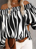 themeisles Summer and Autumn Personality New Stripes Sexy Fashion A Shoulder Set Head Chiffon Shirt Regular Sleeves Commuter Style Long-sleeved Shirt Female