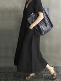 themeisles Ramie Cotton Solid Color Plus Size V-Neck Casual Dress