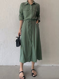 themeisles Casual A-Line Long Sleeves Bandage Solid Color Lapel Collar Shirt Midi Dresses
