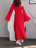 themeisles Flared Sleeves Asymmetric Buttoned Hollow Solid Color Zipper Cold Shoulder Evening Dresses Maxi Dresses