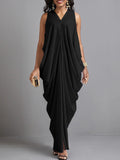 themeisles Loose Sleeveless Pleated Solid Color V-Neck Maxi Dresses