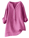 themeisles Summer Women's Cotton Linen Loose Solid Color Blouse Cotton Linen Long Sleeve Tops Pocket S-5XL