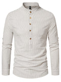themeisles New Men's Henry Collar Stand-up Collar Long-sleeved Striped Shirt Fashion Loose Comfortable Casual Shirt