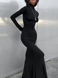 themeisles Split-Joint Solid Color Long Sleeves Bodycon High Neck Maxi Dresses
