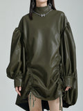themeisles Solid Color Pleated Drawstring Puff Sleeves Loose Stand Collar Mini Dresses