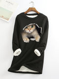 themeisles Women's Sweatshirt Pullover Sherpa Fleece Teddy Denim Blue Green Black Cat Street Round Neck Long Sleeve S M L XL 2XL 3XL