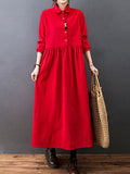themeisles Vintage Split-Joint Solid Color Long Sleeves Lapel A-Line Corduroy Midi Dress