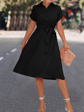 themeisles Tied Waist Solid Color Buttoned Short Sleeves High Waisted Lapel Collar Shirt Dress Midi Dresses