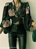 themeisles Spring New Solid Color Slim Temperament Long-sleeved Button V Collar Urban Trend Set Head Lantern Sleeve Blouse Shirt
