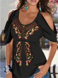 themeisles Summer Loose V-neck Pleated Print Strapless Women's Short-sleeved T-shirt