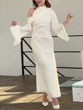 themeisles Flared Sleeves Asymmetric Buttoned Hollow Solid Color Zipper Cold Shoulder Evening Dresses Maxi Dresses