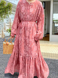 themeisles Tied Waist Split-Joint Solid Color Pleated Flower Print Puff Sleeves Loose Round-Neck Maxi Dresses