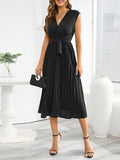 themeisles Tied Waist Solid Color Pleated Sleeveless V-Neck Midi Dresses