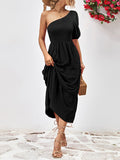 themeisles Solid Color Puff Sleeves Loose One-Shoulder Midi Dresses