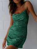 themeisles Solid Color Sequined Back Cross Sleeveless Skinny Spaghetti-Neck Mini Dresses
