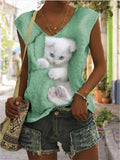 themeisles Women's T-shirt Cat Print Sleeveless Casual Everyday Basic V-neck Green Pink Purple White