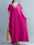 themeisles Casual Artistic Retro Striped V-Neck Short Sleeves Maxi Dress