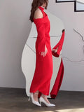 themeisles Flared Sleeves Asymmetric Buttoned Hollow Solid Color Zipper Cold Shoulder Evening Dresses Maxi Dresses